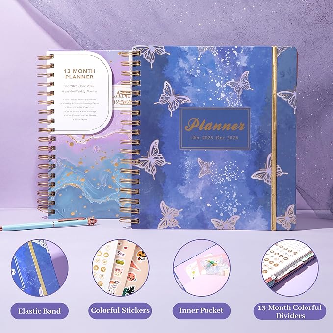 CAGIE 2026 Planner Weekly and Monthly from Dec 2025 to Dec 2026 Hardcover Spiral Bound Calendar Yearly Agenda Planners for Women with Stickers, 8.3 x 9.1, Purple Butterfly