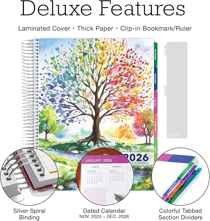 DELUXE 2026 Planner, 8.5"x11": 14 Months (November 2025 - December 2026), Includes Page Tabs, Bookmark, Planning Stickers, Pocket Folder Daily Weekly Monthly Planner Yearly Agenda (Tree Season)
