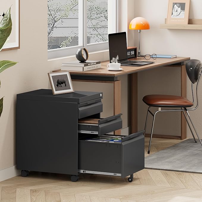 3 Drawer Mobile File Cabinet with Lock,Under Desk Metal Filing Cabinets with Wheels for Home Office Organizer Letters/Legal/A4(Easy Assemble-Black)