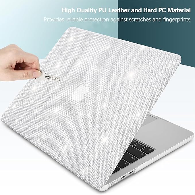 KEROM Glitter Case for MacBook Pro 14 inch 2025-2021 M5 M4 M3 M2 M1 Chip A3434 A3112 A3185 A3401 A2918 A2992 A2779 A2442, Luxury Bedazzled Bling Sparkle PU Leather Hardshell & Keyboard Cover, Silver