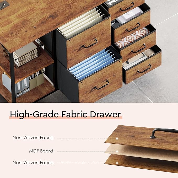 6 Drawer File Cabinet with Charging Station Rolling Printer Stand with Open Storage Shelf Fabric Lateral Filing Cabinet for Home Office,Rustic Brown2