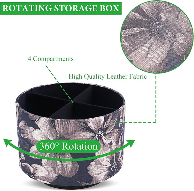 QIELIZI Round Leather Art Supply Organizer,Remote Control Holder,360 Degree Rotating,Multi-Functional Pencil Holder,4 Compartments Desktop Stationary Organizer(1-Dahlia Light Brown)