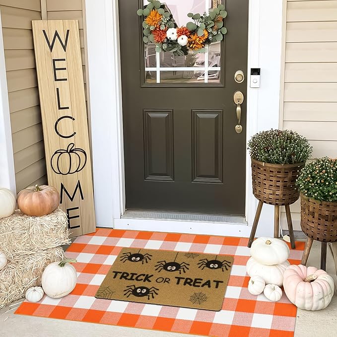 KIMODE Fall Outdoor Rug Orange and White 3'x5',Washable Cotton Halloween Front Door Rug,Farmhouse Buffalo Plaid Layering Rugs,Reversible Fall Door Mat for Entryway,Halloween Front Porch Decor