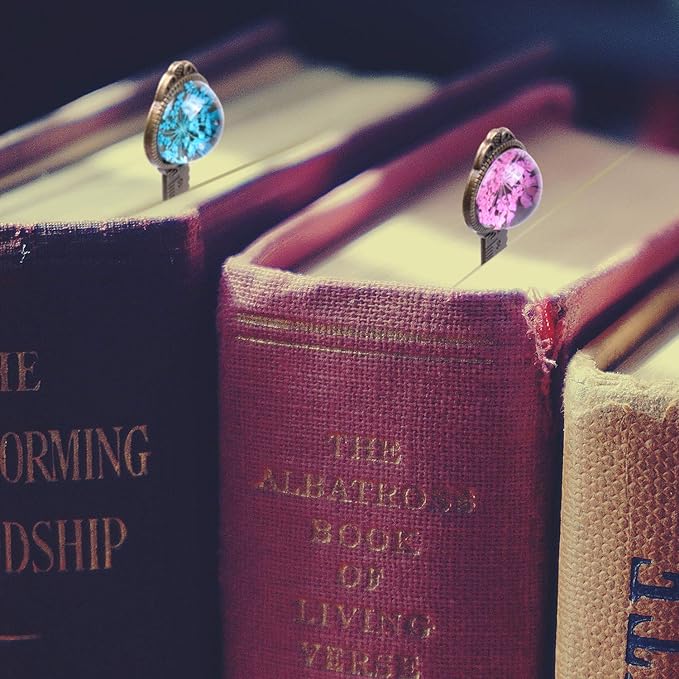 Wisdompro 2 Pcs Metal Bookmark, Retro Vintage Bronze Book Mark Ruler with Dried Flower, Packaged in a Gift Box - an Ideal Gift for Kids, Students, Teachers, Book Lovers - Blue, Hotpink