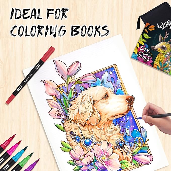 Dual Markers Brush Pens for Adult Kids Coloring Books,120 Colors Art Marker Set with Fine & Brush Tip Pen for Bullet Journaling, Coloring, Drawing, Hand Lettering, Calligraphy, Art Supplies