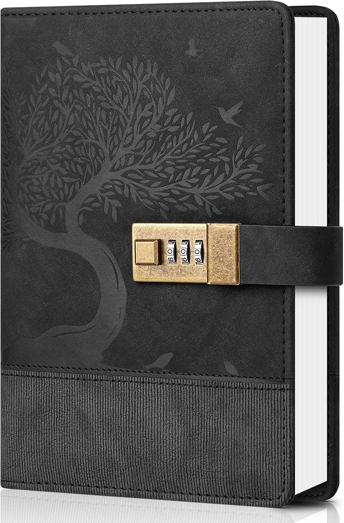Vintage Diary with Lock for Women Men 256 Pages Leather Password Journal with Lock A5 Locked Journals for Writing Note Taking, 5.9x 8.3 in, Black