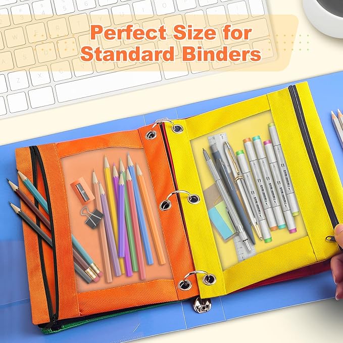 Shemira Pencil Pouch for 3 Ring Binder - 100 Pack in 10 Colors, Smooth Zipper, Clear Window Case - Bulk Pouches