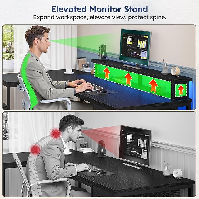 L Shaped Computer Desk with Drawers, Gaming Desk with LED Lights & Monitor Shelf, Office Desks with Power Outlets, Corner Desks for Home Office, Study Room and Bedroom, Black