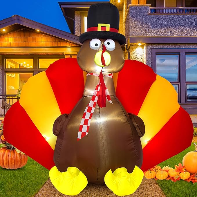 Sizonjoy Inflatable Turkey Decorations,6 Ft Thanksgiving Inflatables Outdoor Decorations with Built-in LED Lights & Fan Outdoor Thanksgiving Decor