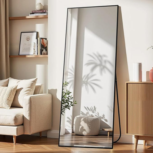 Simple Deluxe 64"×21" Hanging Mirror, Full Length Mirror for Bedroom, Body Floor Mirror with Stand, Aluminum Frame Large Mirror for Cloakroom, Black