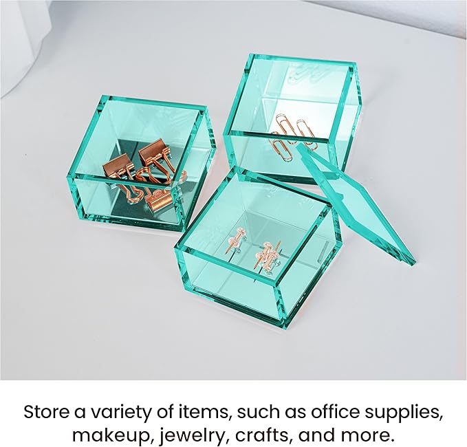 OfficeGoods 3-Tier Stackable Acrylic Holder- Stylish Desk Organizer and Storage for Office or Home – Transparent Square Design, Green with Silver Metal Base