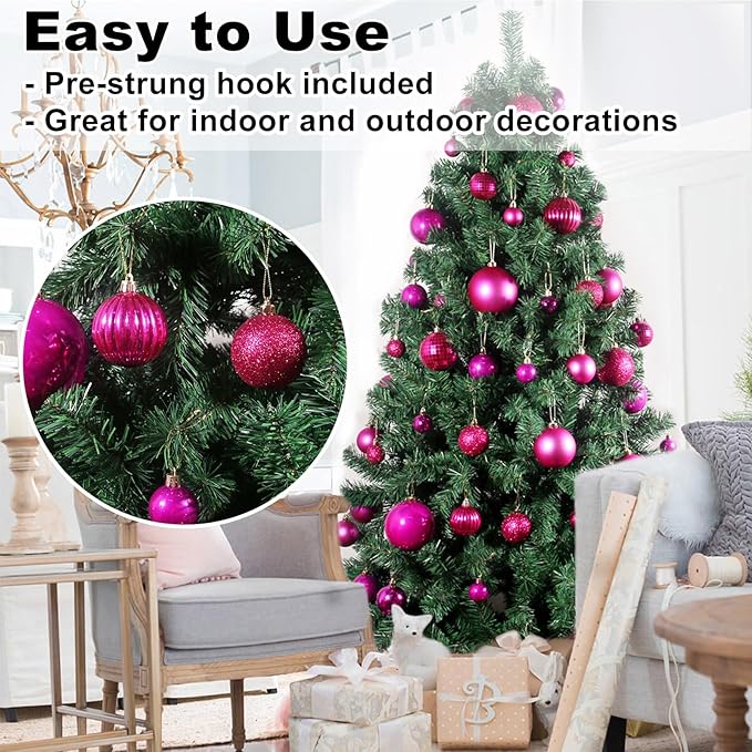 Fuchsia 2.5" Christmas Balls Christmas Tree Decoration Ornaments Shatterproof Hanging Balls for Birthday Halloween Holiday Wedding Decorations Set of 18pcs