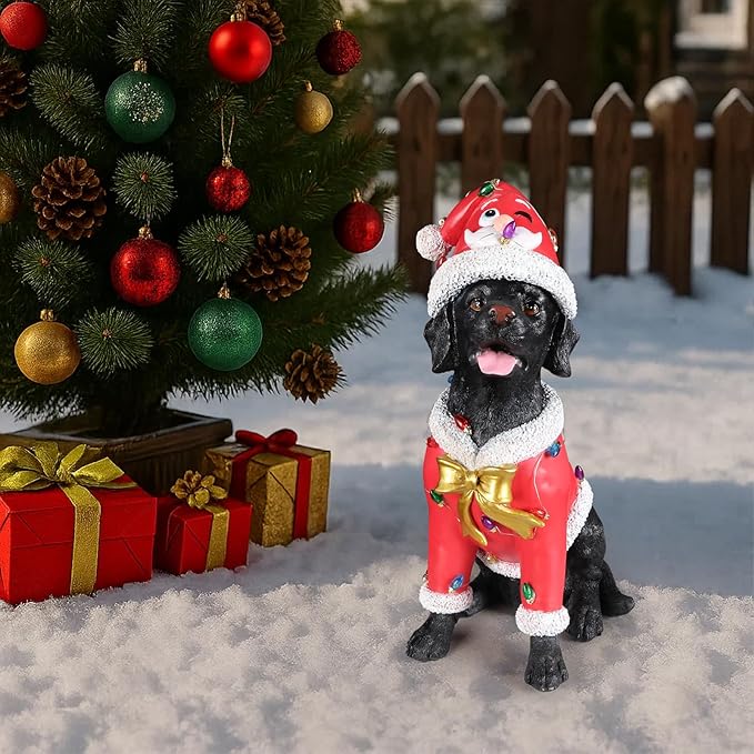 Christmas Outdoor Decoration Dog Statue, LED Light Cute Labrador Dog Sculpture with Pink Santa Outfit & Lights for Garden and Yard, Indoor Holiday Décor Gift for mom and dad