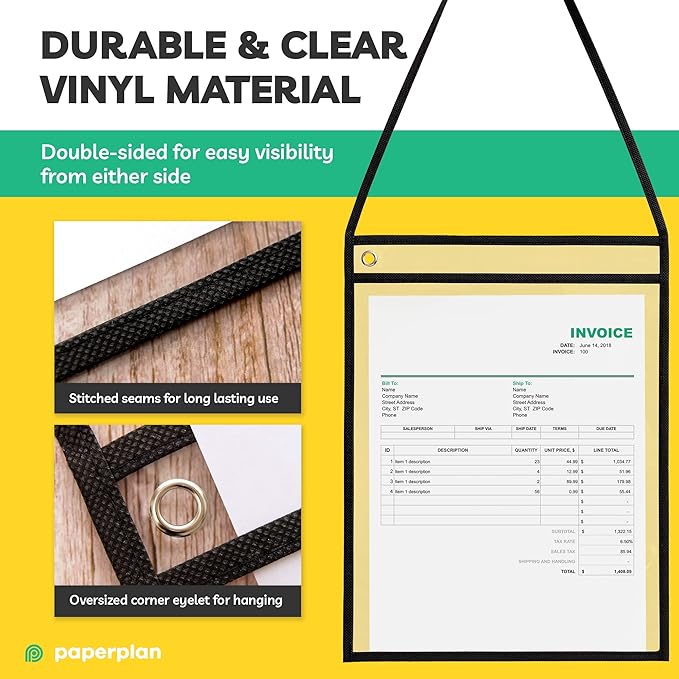 Hanging Job Ticket Holders 9x12 - (30 Pack), 8.5 x 11 Letter Size, Dry Erase Pockets, Clear & Black Plastic Sleeves - Reusable, Water-Resistant