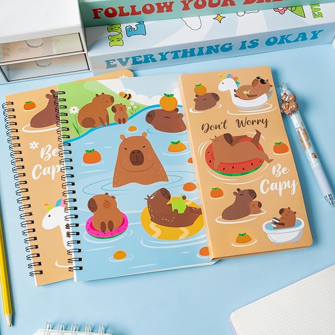 B1ykin Stationery Gift Set - 3Pcs Notebook Sticky Notes, Kawaii A5 Spiral Notebooks & 550 Sheets Cute Sticky Notes with Pens Kit for Office School Kids Students Birthday Supplies (Capybara)