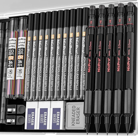 Nicpro 5 Pack 2mm Mechanical Pencils Set with Case, 65 Graphite Lead Refills (6B 4B 2B HB 2H 4H), 72 Colored Lead, Erasers -Weatherproof Metal Barrel, Heavy Duty Carpenter Pencil For Drawing Sketching