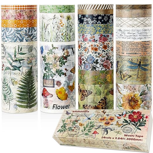 24 Rolls Vintage Washi Tape Set, Floral Letter Butterfly Mushroom Botanical Flower Writable Decorative Tapes for Scrapbooking , Junk Journal supplies, Bullet Journaling 5-75mm Wide 9.84ft long/Roll