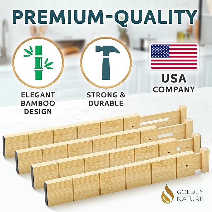 Bamboo Drawer Organizer - with Inserts & Labels, 17-22" - Adjustable Spring Loaded Kitchen Dividers for Utensils & Junk Storage - Expandable Silverware Separators for Organization