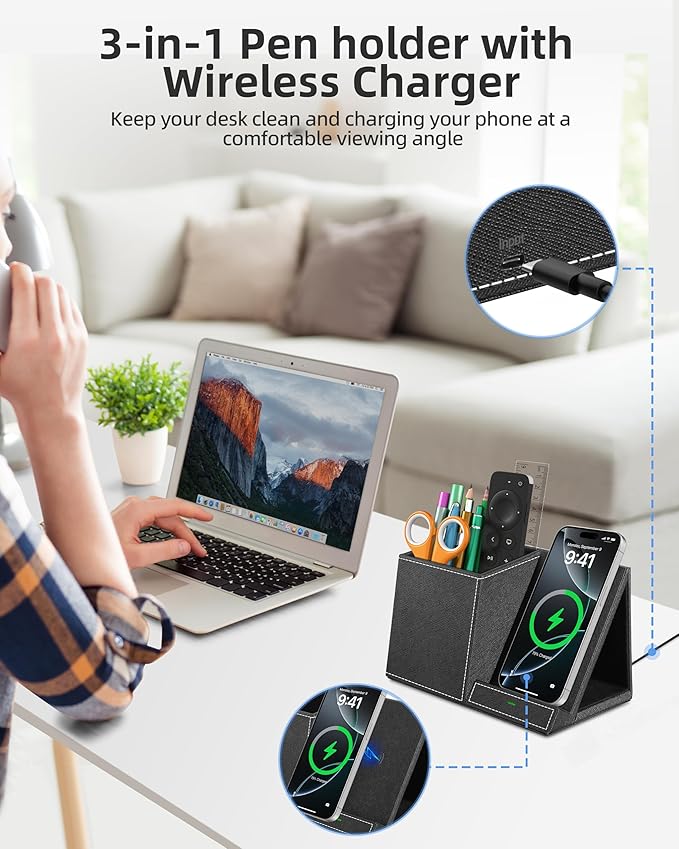 Pen Holder with Wireless Charger, PU Leather Pencil Holder for Desk, Multi-Functional Desktop Organizer, Desk Organizers and Accessories for Home School Office Supplies, Black