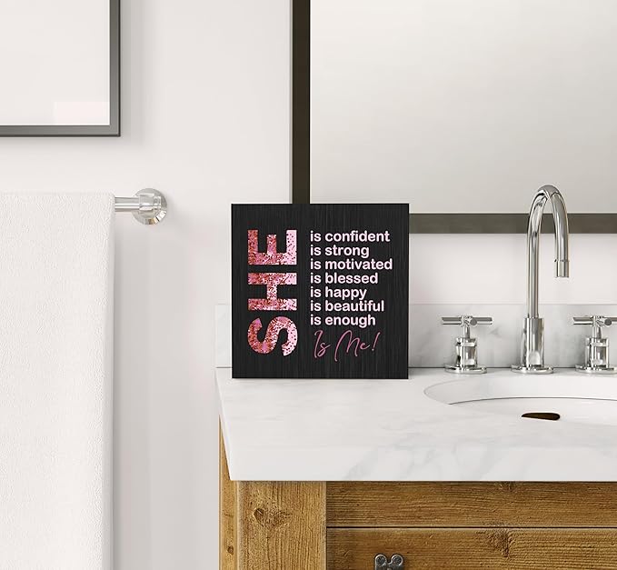 SRADMO Inspirational Woman Affirmation Wood Box Sign, Feminist Gifts, Female Women Empowerment Gifts, Motivational Positive Wooden Block Box Sign Decoration for Home Shelf Table Decor(Black), 8x8 Inch