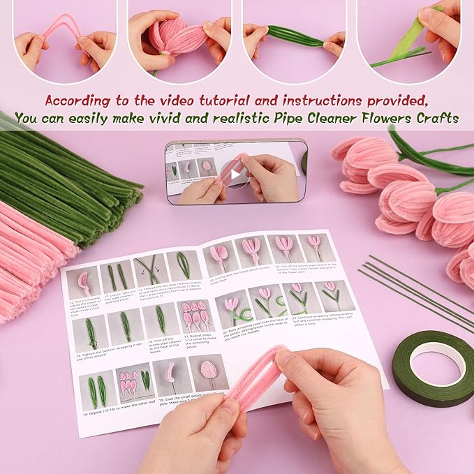 UzecPk Pink Pipe Cleaner Flower Kit Pipe Cleaner Flowers Pipe Cleaners Bulk Green Pipe Cleaners Chenille Stems Set with Floral Wire Instructions for DIY Art and Craft Projects Creative(15 Flowers)