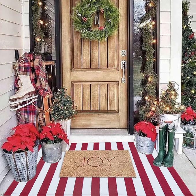 Christmas Outdoor mat Red and White Striped Outdoor Rug Front Porch Rug,Christmas Home Decor, Layerd Welcome Doormat for Front Porch Decor, Front Door, Farmhouse Decor (Red and White, 27.5'' x 43'')