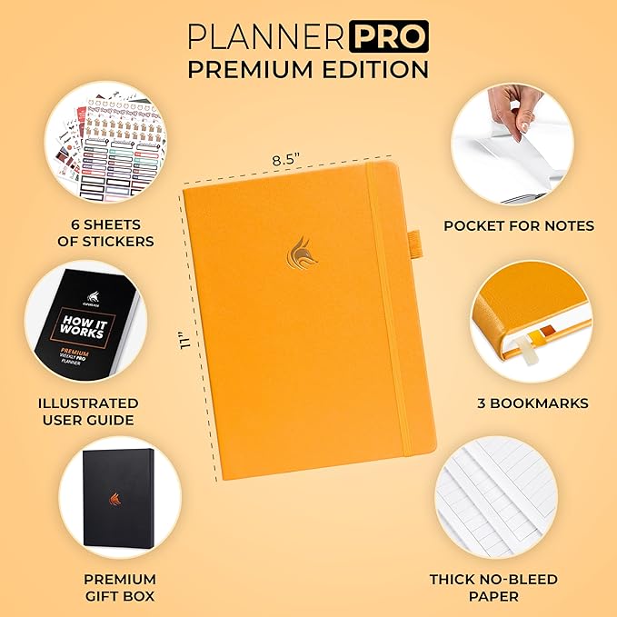 Clever Fox Planner Pro Premium – Luxurious Weekly & Monthly Planner with Budget Organizer for Productivity & Goals, Undated, A4 (Amber Yellow)