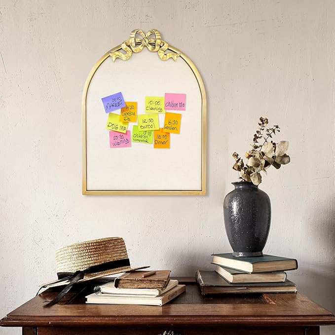 Vintage Arched Linen Cork Board with Gold Bowknot – Decorative Bulletin Board for Walls, Iron Frame Pin Board for Notes, Photos & Reminders, Elegant Vision Board for Home & Office 16"x21"