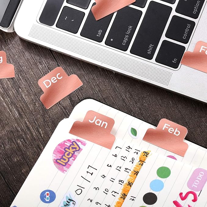 72 Pieces Adhesive Monthly Planner Tabs Monthly Index Stickers Decorative Label Calendar Stickers for Office Study Planner Journal Notebook Back to School Accessories(Rose Gold)