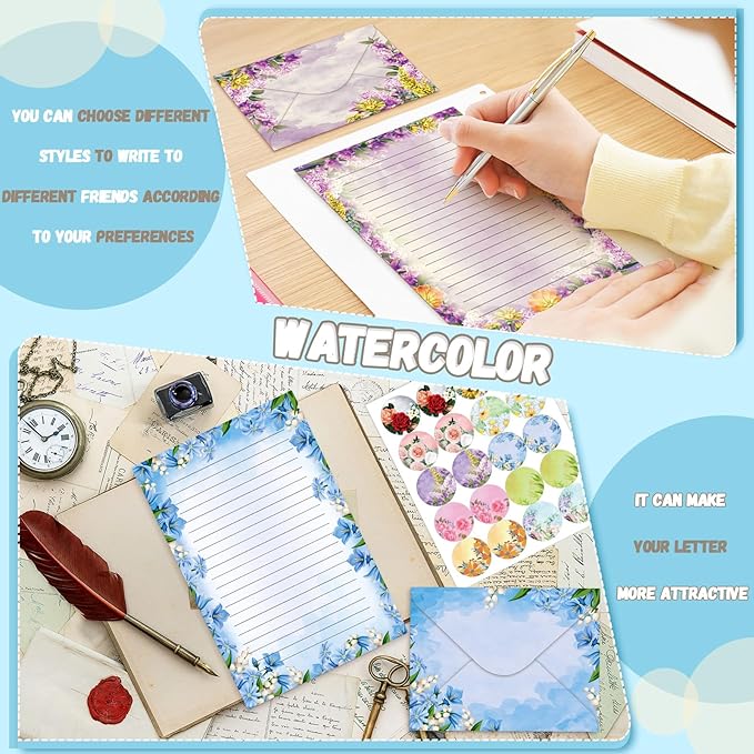 TaoBary 160 Pcs Stationery Paper Set 50 Double Sided Stationery Papers with 50 Matching Envelopes and 60 Round Dot Sticker, 10 Design(Flower,8.5 x 11 Inch)