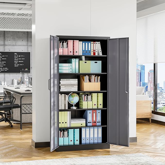 STANI Metal Garage Storage Cabinet with Lock, 71" Steel Lockable File Cabinet, Locking Steel Storage Cabinet with 4 Adjustable Shelves for Home, Office, Warehouse, Garage, School