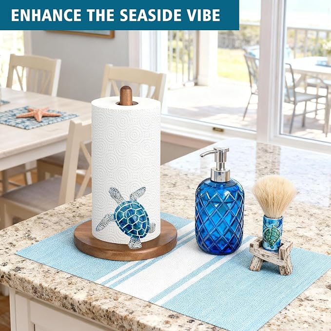 Turtle Paper Towel Holder Countertop, 3D Modern Marine Kitchen Counter Decor, Cute Resin Turtle Wooden Stand for Bathroom & Home Indoor Table, Winter Xmas Gift for Women, Housewarming Gifts, Blue
