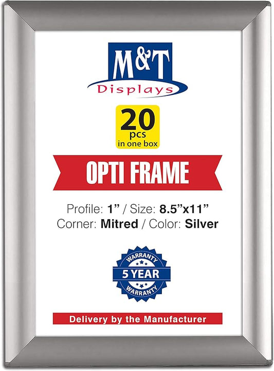 M&T Displays 8.5 x 11 Picture Frame, Front Loading Diploma Frame, Silver Color, 1" Profile Size, 20 Packs