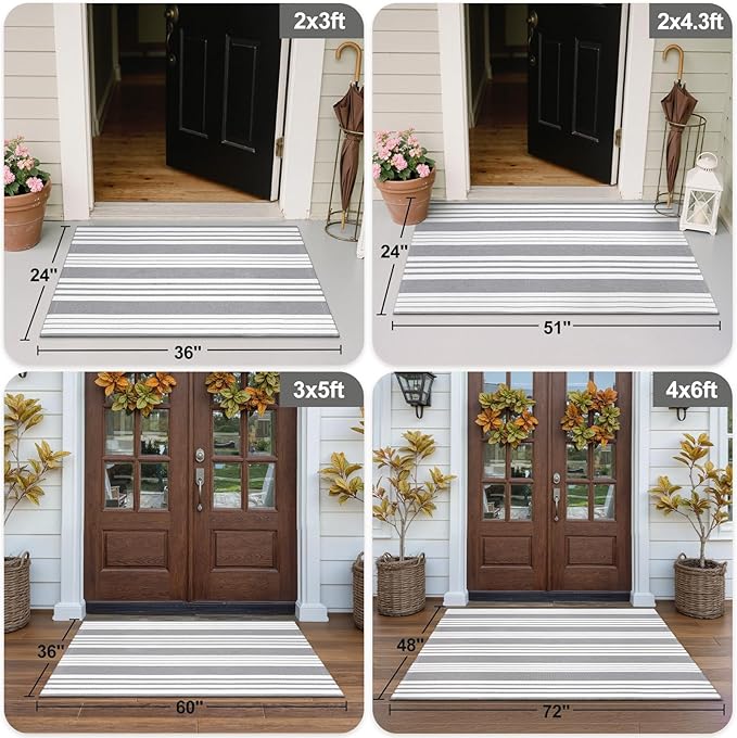 OJIA Entryway Rug 3'x5' Cotton Hand Woven Christmas Front Door Mat Holiday Doormat Machine Washable Outdoor Rugs Grey and White Striped Entry Rug Porch Rugs for Farmhouse/Bedroom/Home Entrance Decor