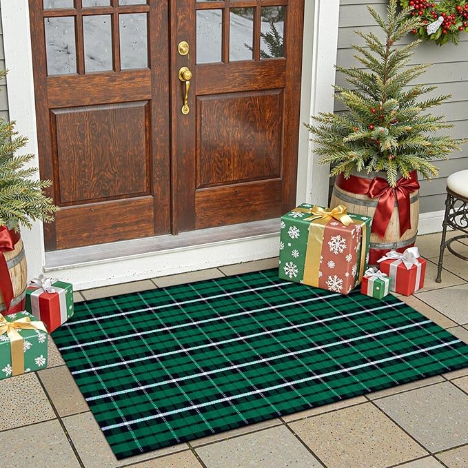 KIMODE Christmas Doormat Outdoor 3x5, Black and Green Buffalo Plaid Checkered Outdoor Rug, Washable Farmhouse Cotton Woven Door Mat Outside Entrance for Front Porch Entryway Patio Decor