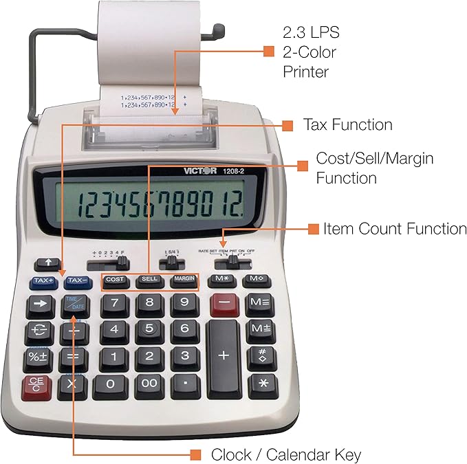 Victor Printing Calculator, 1208-2 Compact and Reliable Adding Machine with 12 Digit LCD Display, Battery or AC Powered, Includes Adapter,White