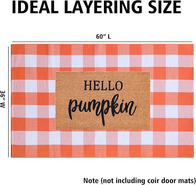 Fall Plaid Area Rug 3x5 Ft, Orange and White Buffalo Check Large Farmhouse Cotton Rug, Hand-Woven Washable Indoor Outdoor Carpet for Halloween Thanksgiving Autumn Porch Patio Decor