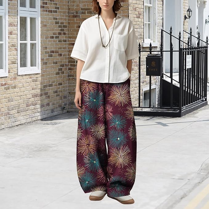 Zaswen Women's Oversize Loose Fit Breathable Pants Wide Leg Lounge Pants Fashion Casual Fireworks Print Trousers with Pockets