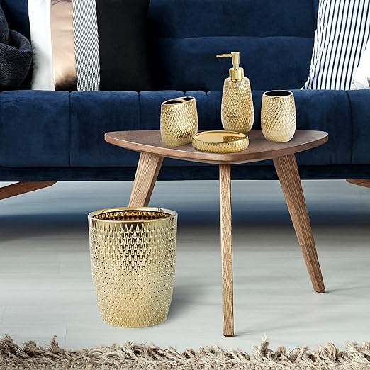 Modern Golden Small Trash Can Wastebasket, Garbage Container Bin for Bathrooms, Powder Rooms, Kitchens, Home Offices - Durable Ceramics - Round
