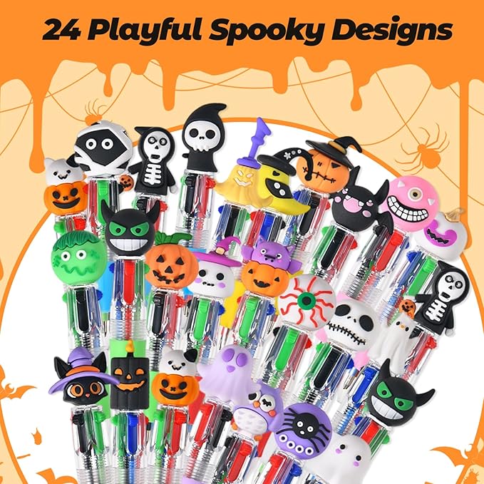 24 Pcs Halloween Multicolor Pens in One 4-in-1 Cute Kawaii Fun Pen Spooky Pumpkin Ballpoint Pen for Trick-or-Treat Halloween Office Supplies & Classroom Gifts (Halloween)