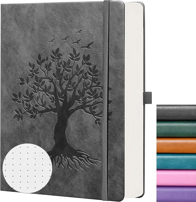 ZXHQ B5 Bullet Dotted Journal Notebook:150gsm Thick Paper, 256 Pages, Dot Grid Hardcover, Tree of Life Design, Fine Inner Pocket - 7.7" × 10" Dark Grey