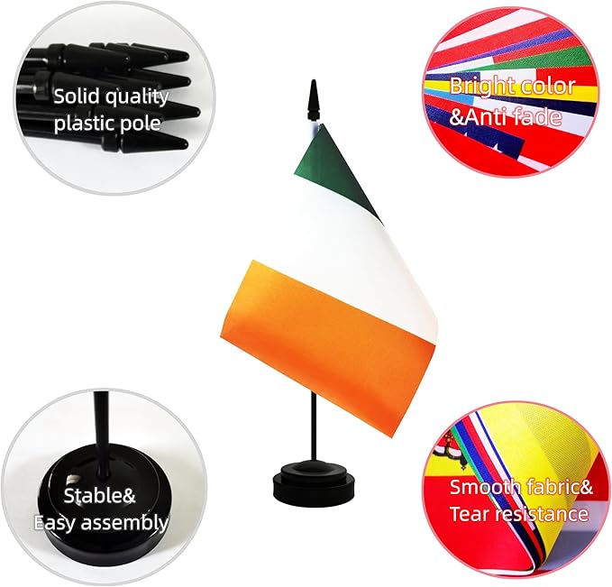 2 Pack Ireland Desk Flag, Irish Table Office Flag with Solid Pole and Stand Base, International Country Flag, Festival Celebration, Classroom Meeting Desktop Decoration (Ireland)