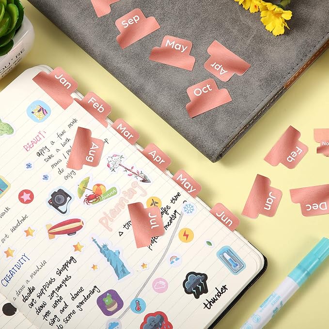 72 Pieces Adhesive Monthly Planner Tabs Monthly Index Stickers Decorative Label Calendar Stickers for Office Study Planner Journal Notebook Back to School Accessories(Rose Gold)