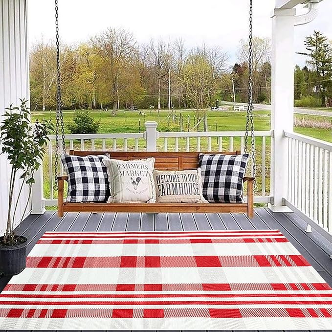 Christmas Plaid Outdoor Rug, 4' x 6' Red&White Check Indoor/Outdoor Area Rug, Layering Rug for Hello/Welcome Door Mat, Machine Washable Cotton Woven Rug for Farmhouse Front Porch, Entryway