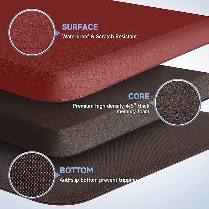 4/5 Inch Thick Kitchen Mats for Floor, StepRite Kitchen Rug for Standing Desk, Non-Slip, Thicker, Stain Resistant, Waterproof, Comfort Anti Fatigue Floor Mat for Home, Kitchen, Office - Red,32 * 20''