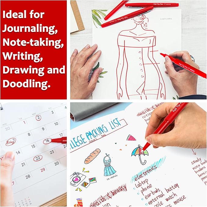 Lelix Felt Tip Pens, 15 Red Pack, 0.7mm Medium Point, Felt Tip Markers Pens for Journaling, Writing, Note Taking, Planner, Perfect for School Office and Art Supplies