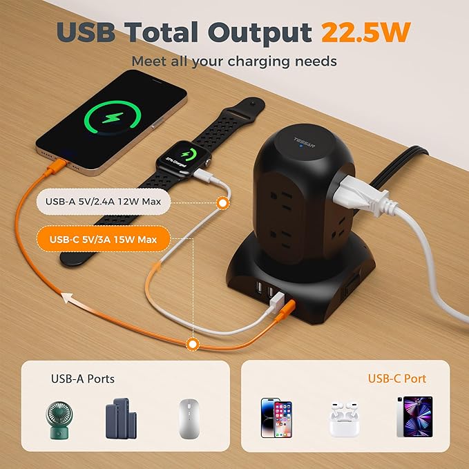 Black Surge Protector Power Strip Tower, TESSAN Flat Plug Extension Cord 10Ft with 8 AC Outlets 4 USB Ports (1 USB C), 1050J Protection Charging Station for Home, Office, Dorm Room Essentials