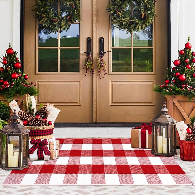 KIMODE Christmas Buffalo Plaid Outdoor Rug 24"x51", Red and White Porch Rug, Washable Reversible Outdoor Christmas Decor, Farmhouse Door Mats Outside for Front Porch Entryway Kitchen Bedroom