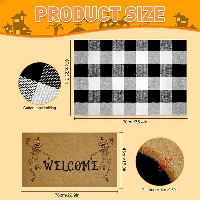 2 Pcs Halloween Welcome Door Mat 30 x 17 Inch Funny Skeleton Welcome Coir Doormats for Front Door Skull Pumpkin Door Mat Non Slip 2-in-1 Buffalo Plaid Rug for Outside Entrance Porch Home Patio Decor