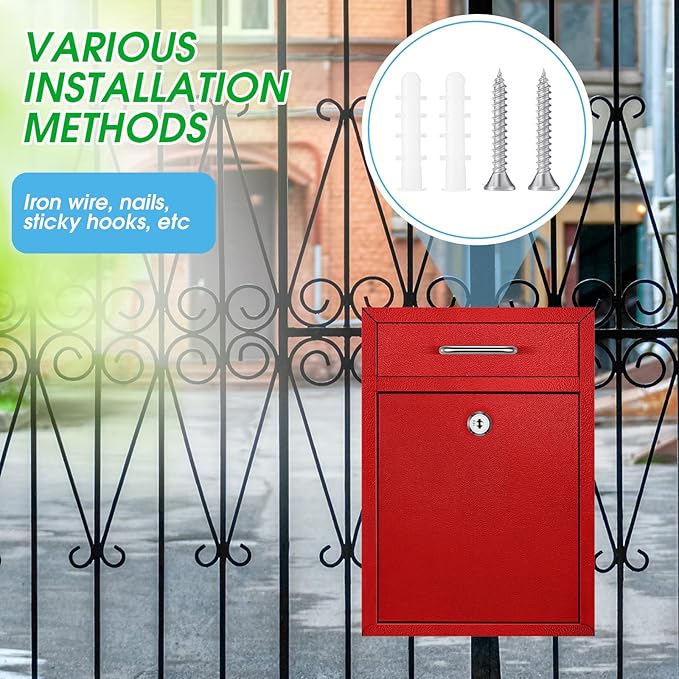 Locking Mailbox with Key for Outdoor 12.2 x 8.5 x 3 Inches Large Wall Mount Mail Box with Lock Security Mail Drop Metal Collection Boxes Hanging Secure Postbox(Red)